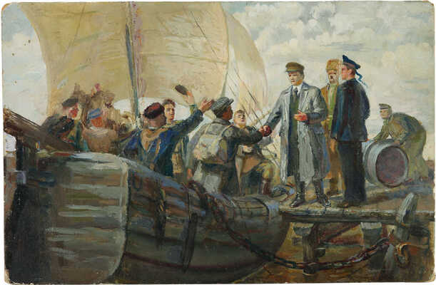 Плахотный Петр Алексеевич. С.М. Киров, отправляющий большевиков на подпольную работу из Астрахани в Баку (1919 г.) (эскиз к дипломной работе в ВАХ)